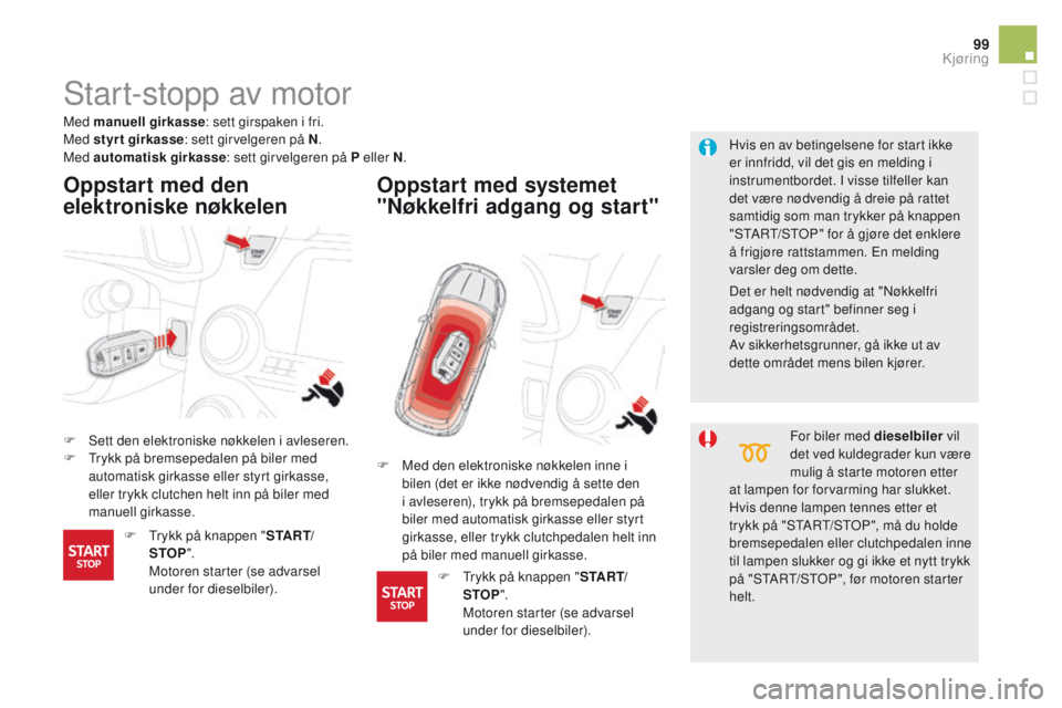 CITROEN DS5 2015 InstruksjonsbØker (in Norwegian) 99
DS5_no_Chap04_conduite_ed01-2015
Start-stopp av motor
F Sett den elektroniske nøkkelen i avleseren.
F T rykk på bremsepedalen på biler med
automatisk girkasse eller styrt girkasse,
eller trykk CITROEN DS5 2015 InstruksjonsbØker (in Norwegian) 99
DS5_no_Chap04_conduite_ed01-2015
Start-stopp av motor
F Sett den elektroniske nøkkelen i avleseren.
F T rykk på bremsepedalen på biler med
automatisk girkasse eller styrt girkasse,
eller trykk