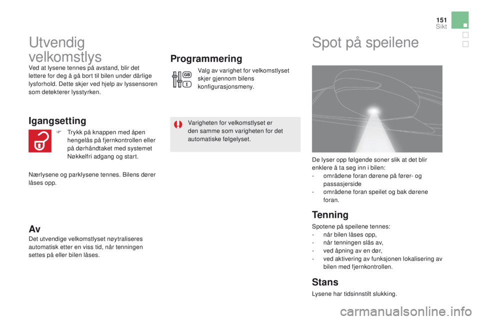 CITROEN DS5 2015 InstruksjonsbØker (in Norwegian) 151
DS5_no_Chap05_visibilite_ed01-2015
Utvendig
velkomstlys
Ved at lysene tennes på avstand, blir det
lettere for deg å gå bort til bilen under dårlige
lysforhold. Dette skjer ved hjelp av lyss CITROEN DS5 2015 InstruksjonsbØker (in Norwegian) 151
DS5_no_Chap05_visibilite_ed01-2015
Utvendig
velkomstlys
Ved at lysene tennes på avstand, blir det
lettere for deg å gå bort til bilen under dårlige
lysforhold. Dette skjer ved hjelp av lyss