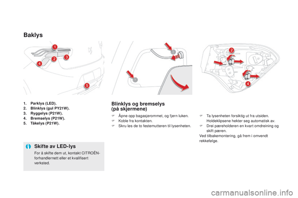CITROEN DS5 2015 InstruksjonsbØker (in Norwegian) DS5_no_Chap08_info-pratiques_ed01-2015
1. Parklys (Led).
2. B linklys (gul PY21W).
3.
R
yggelys (P21W).
4.
Bre
mselys (P21W ).
5.
T
åkelys (P21W).
Baklys
Blinklys og bremselys
(på skjermene) CITROEN DS5 2015 InstruksjonsbØker (in Norwegian) DS5_no_Chap08_info-pratiques_ed01-2015
1. Parklys (Led).
2. B linklys (gul PY21W).
3.
R
yggelys (P21W).
4.
Bre
mselys (P21W ).
5.
T
åkelys (P21W).
Baklys
Blinklys og bremselys
(på skjermene)