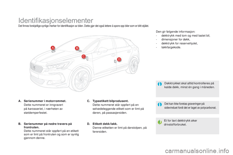 CITROEN DS5 2015 InstruksjonsbØker (in Norwegian) DS5_no_Chap10_caracteristiques_ed01-2015
IdentifikasjonselementerDet finnes forskjellige synlige merker for identifikasjon av bilen. Dette gjør det også lettere å spore opp biler som er blitt stjå CITROEN DS5 2015 InstruksjonsbØker (in Norwegian) DS5_no_Chap10_caracteristiques_ed01-2015
IdentifikasjonselementerDet finnes forskjellige synlige merker for identifikasjon av bilen. Dette gjør det også lettere å spore opp biler som er blitt stjå