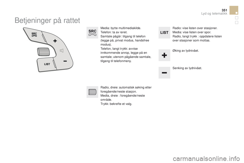 CITROEN DS5 2015 InstruksjonsbØker (in Norwegian) 351
DS5_no_Chap11d_RD5_ed01-2015
Betjeninger på rattet
Media: bytte multimediakilde.
Telefon: ta av røret.
Samtale pågår: tilgang til telefon
(legge på, privat modus, handsfree
m o du s).
Telef CITROEN DS5 2015 InstruksjonsbØker (in Norwegian) 351
DS5_no_Chap11d_RD5_ed01-2015
Betjeninger på rattet
Media: bytte multimediakilde.
Telefon: ta av røret.
Samtale pågår: tilgang til telefon
(legge på, privat modus, handsfree
m o du s).
Telef