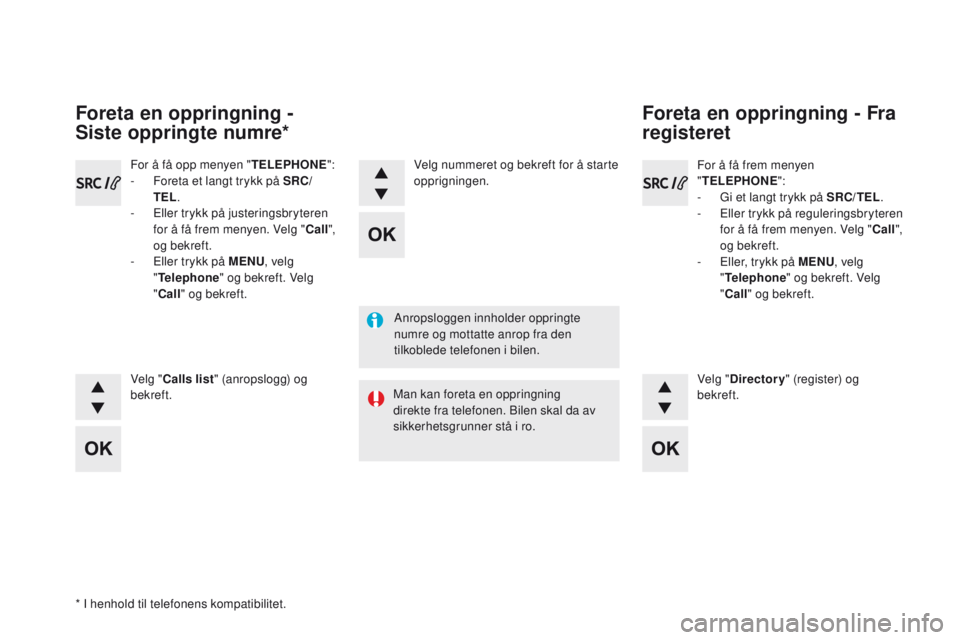 CITROEN DS5 2015 InstruksjonsbØker (in Norwegian) DS5_no_Chap11d_RD5_ed01-2015
Anropsloggen innholder oppringte
numre og mottatte anrop fra den
tilkoblede telefonen i bilen.
Man kan foreta en oppringning
direkte fra telefonen. Bilen skal da av
si CITROEN DS5 2015 InstruksjonsbØker (in Norwegian) DS5_no_Chap11d_RD5_ed01-2015
Anropsloggen innholder oppringte
numre og mottatte anrop fra den
tilkoblede telefonen i bilen.
Man kan foreta en oppringning
direkte fra telefonen. Bilen skal da av
si