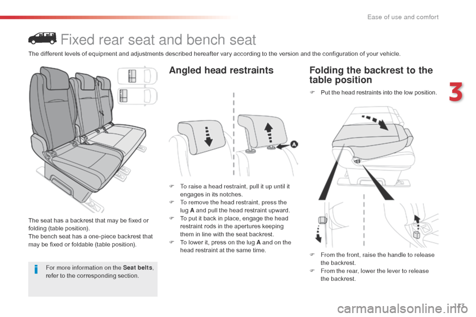 Citroen JUMPY 2016 2.G Owners Manual 113
Jumpy _en_Chap03_ergonomie-et-confort_ed01-2016
Fixed rear seat and bench seat
The seat has a backrest that may be fixed or 
folding (table position).
The bench seat has a one-piece backrest that 