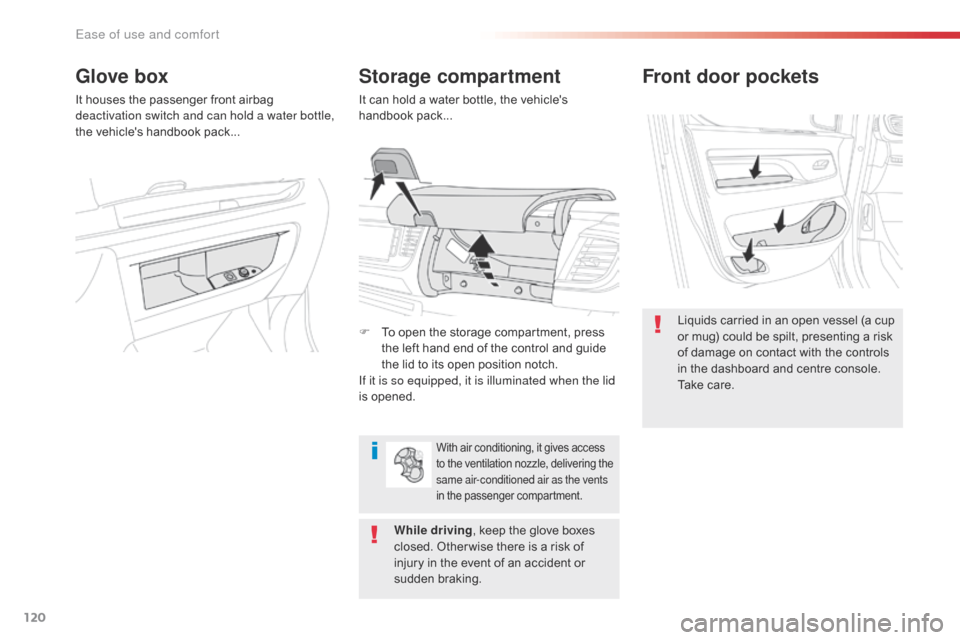 Citroen JUMPY 2016 2.G Owners Manual 120
Jumpy _en_Chap03_ergonomie-et-confort_ed01-2016
Front door pockets
Liquids carried in an open vessel (a cup 
or mug) could be spilt, presenting a risk 
of damage on contact with the controls 
in t