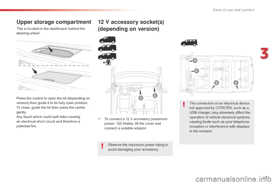 Citroen JUMPY 2016 2.G Owners Manual 121
Jumpy _en_Chap03_ergonomie-et-confort_ed01-2016
Upper storage compartment
This is located in the dashboard, behind the 
steering wheel.
Press the control to open the lid (depending on 
version) th