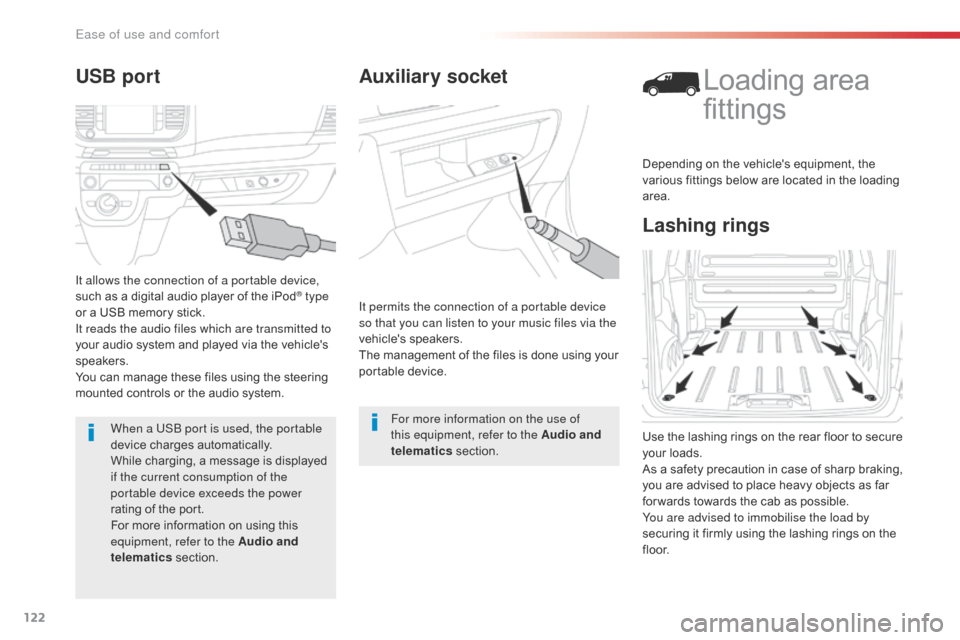 Citroen JUMPY 2016 2.G Owners Manual 122
Jumpy _en_Chap03_ergonomie-et-confort_ed01-2016
Auxiliary socket
It permits the connection of a portable device 
so that you can listen to your music files via the 
vehicles speakers.
The managem