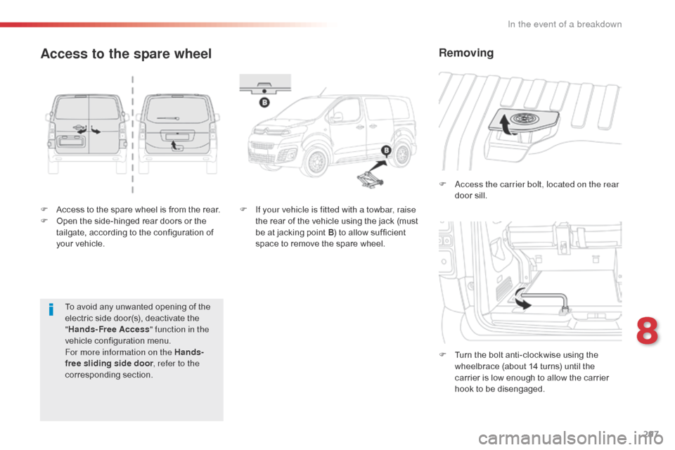 Citroen JUMPY 2016 2.G Owners Manual 297
Jumpy _en_Chap08_En-cas-de-panne_ed01-2016
F Access to the spare wheel is from the rear.
F O pen the side-hinged rear doors or the 
tailgate, according to the configuration of 
your vehicle. F
 
A