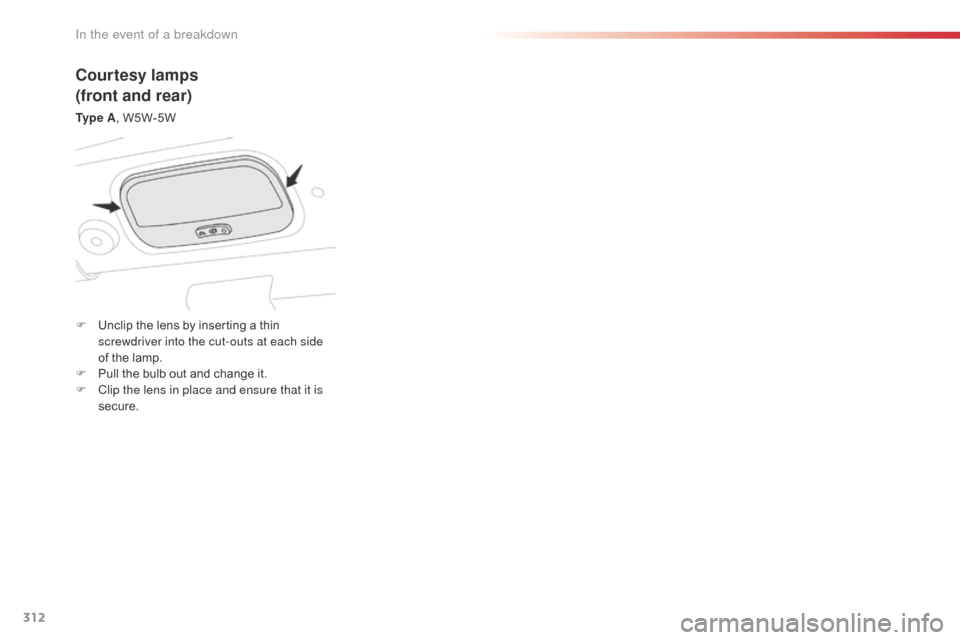 Citroen JUMPY 2016 2.G Owners Manual 312
Jumpy _en_Chap08_En-cas-de-panne_ed01-2016
Courtesy lamps
(front and rear)
Ty p e A, W5W-5W
F
U
nclip the lens by inserting a thin
screwdriver into the cut-outs at each side
of the lamp.
F
Citroen JUMPY 2016 2.G Owners Manual 312
Jumpy _en_Chap08_En-cas-de-panne_ed01-2016
Courtesy lamps
(front and rear)
Ty p e A, W5W-5W
F
U
nclip the lens by inserting a thin
screwdriver into the cut-outs at each side
of the lamp.
F