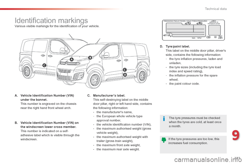 Citroen JUMPY 2016 2.G Owners Manual 337
Jumpy _en_Chap09_caracteristiques-techniques_ed01-2016
Identification markingsVarious visible markings for the identification of your vehicle.
A.
 V
ehicle Identification Number (VIN) 
under the b