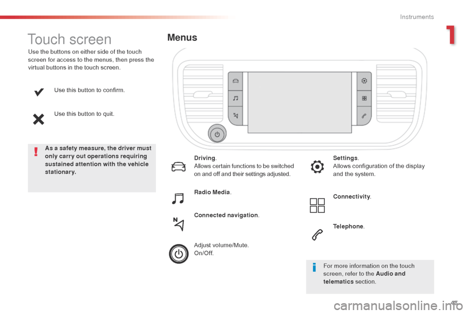Citroen JUMPY 2016 2.G Owners Manual 43
Jumpy _en_Chap01_instruments-de-bord_ed01-2016
Use this button to confirm.
Use this button to quit.
Use the buttons on either side of the touch 
screen for access to the menus, then press the 
virt