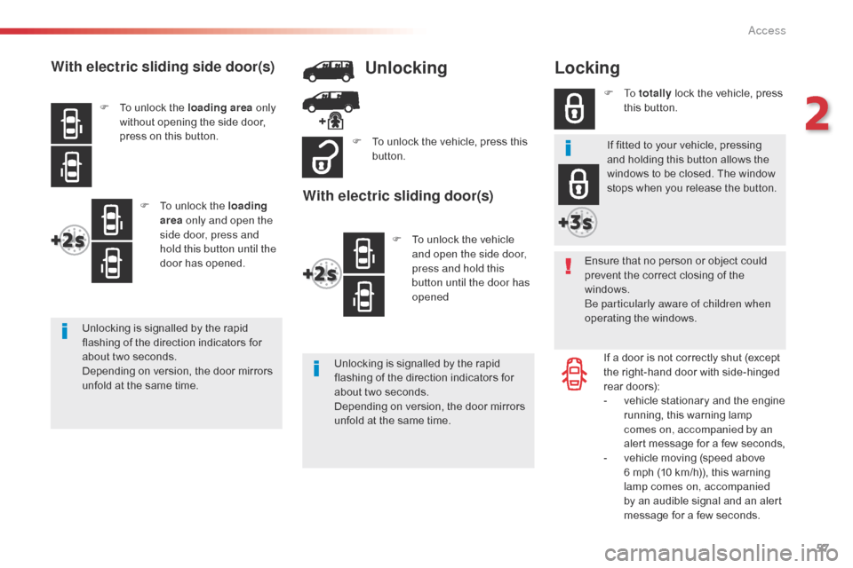Citroen JUMPY 2016 2.G User Guide 57
Jumpy _en_Chap02_ouvertures_ed01-2016
Locking
Ensure that no person or object could 
prevent the correct closing of the 
windows.
Be particularly aware of children when 
operating the windows.If a 