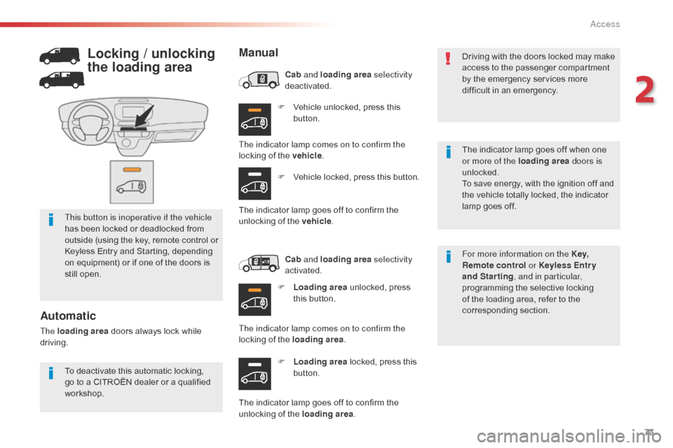 Citroen JUMPY 2016 2.G Owners Manual 73
Jumpy _en_Chap02_ouvertures_ed01-2016
F Vehicle unlocked, press this button.
F
 
L
 oading area  locked, press this 
button. For more information on the Key, 
Remote control
 or Keyless Entr y 
and