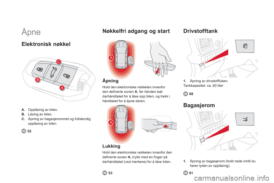 CITROEN DS5 2013 InstruksjonsbØker (in Norwegian) Åpne
1.
Åpning av drivstoffluken.
Tankkapasitet: ca. 60 liter
Drivstofftank
68
Åpning
Hold den elektroniske nøkkelen innenfor den definerte sonen A, før hånden bak
dørhåndt CITROEN DS5 2013 InstruksjonsbØker (in Norwegian) Åpne
1.
Åpning av drivstoffluken.
Tankkapasitet: ca. 60 liter
Drivstofftank
68
Åpning
Hold den elektroniske nøkkelen innenfor den definerte sonen A, før hånden bak
dørhåndt