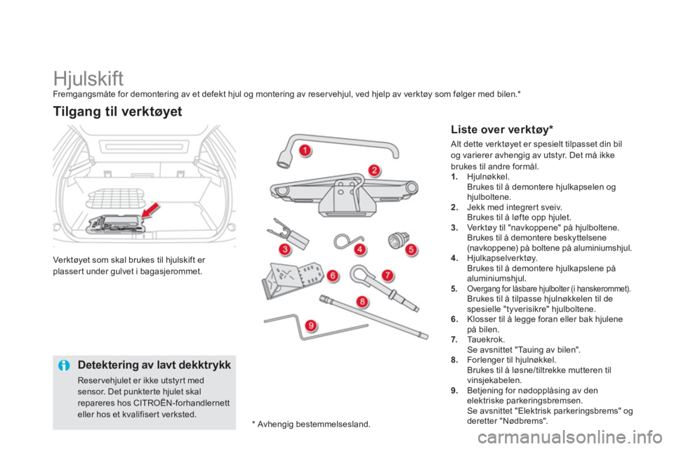 CITROEN DS5 2013 InstruksjonsbØker (in Norwegian)
Hjulskift Fremgangsmåte for demontering av et defekt hjul og montering av reser vehjul, ved hjelp av verktøy som følger med bilen. *
Verktøyet som skal brukes til hjulski
ft CITROEN DS5 2013 InstruksjonsbØker (in Norwegian)
Hjulskift Fremgangsmåte for demontering av et defekt hjul og montering av reser vehjul, ved hjelp av verktøy som følger med bilen. *
Verktøyet som skal brukes til hjulski
ft