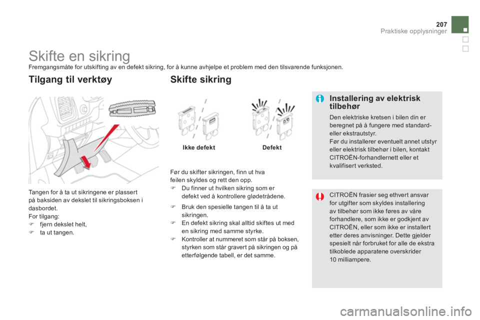 CITROEN DS5 2013  InstruksjonsbØker (in Norwegian) 207
Praktiske opplysninger
   
 
 
 
 
 
 
 
 
 
 
 
 
 
 
 
 
 
 
 
Skifte en sikring  
Fremgangsmåte for utskifting av en defekt sikring, for å kunne avhjelpe et problem med den tilsvarende funksj