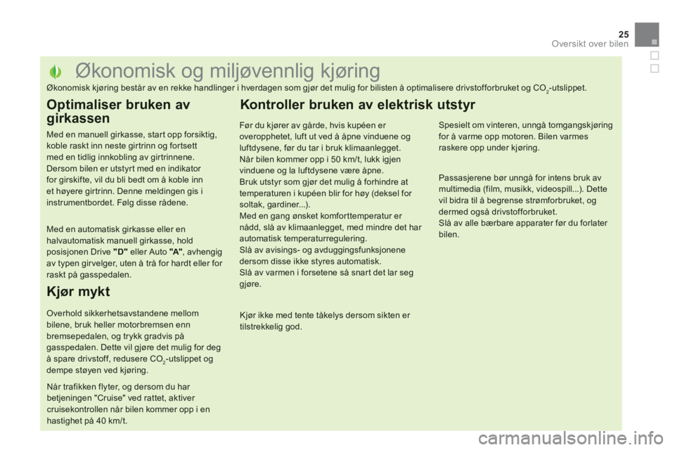 CITROEN DS5 2013 InstruksjonsbØker (in Norwegian) 25
Oversikt over bilen
Økonomisk og miljøvennlig kjøring
Økonomisk kjøring består av en rekke han CITROEN DS5 2013 InstruksjonsbØker (in Norwegian) 25
Oversikt over bilen
Økonomisk og miljøvennlig kjøring
Økonomisk kjøring består av en rekke han