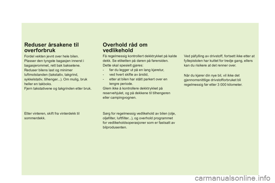 CITROEN DS5 2013 InstruksjonsbØker (in Norwegian) Reduser årsakene til
over forbruk
Fordel vekten jevnt over hele bilen. Plasser den tyngste bagasjen innerst i bagasjerommet, rett bak baksetene.Reduser bilens last og minimer luftmotstanden (takstat CITROEN DS5 2013 InstruksjonsbØker (in Norwegian) Reduser årsakene til
over forbruk
Fordel vekten jevnt over hele bilen. Plasser den tyngste bagasjen innerst i bagasjerommet, rett bak baksetene.Reduser bilens last og minimer luftmotstanden (takstat