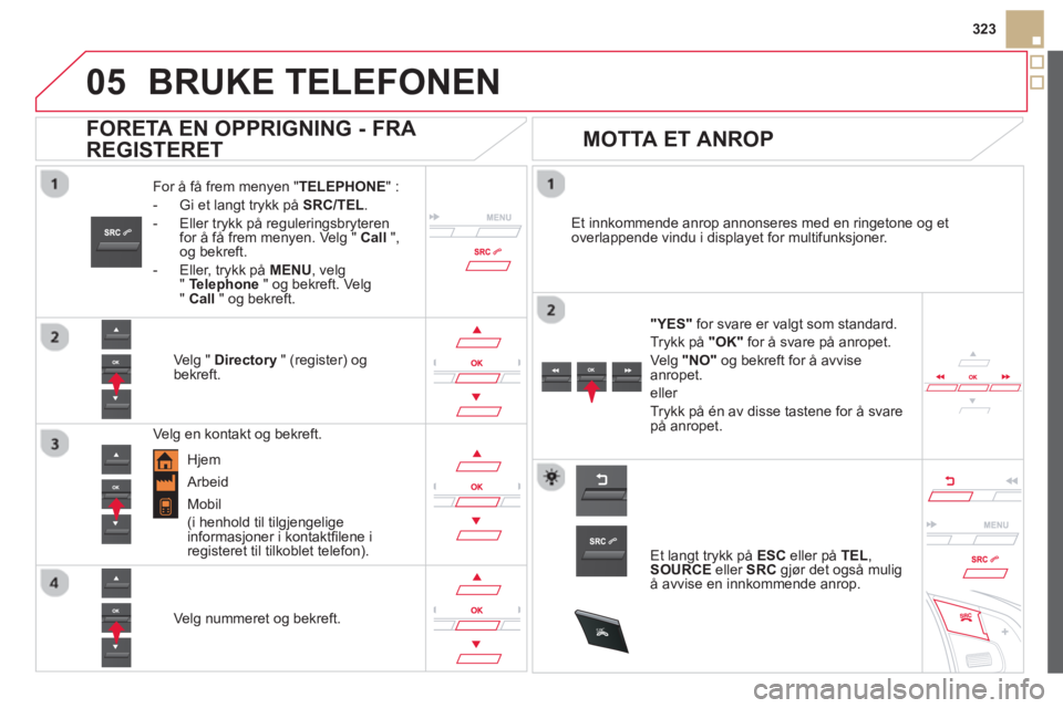 CITROEN DS5 2013 InstruksjonsbØker (in Norwegian)
05
SRC
323
BRUKE TELEFONEN
For å få frem menyen "TELEPHONE":
- Gi et langt trykk på SRC/TEL.
- Eller trykk på reguleringsbryteren
for å få frem menyen. Velg " Call
",og bekreft.
- CITROEN DS5 2013 InstruksjonsbØker (in Norwegian)
05
SRC
323
BRUKE TELEFONEN
For å få frem menyen "TELEPHONE":
- Gi et langt trykk på SRC/TEL.
- Eller trykk på reguleringsbryteren
for å få frem menyen. Velg " Call
",og bekreft.
-