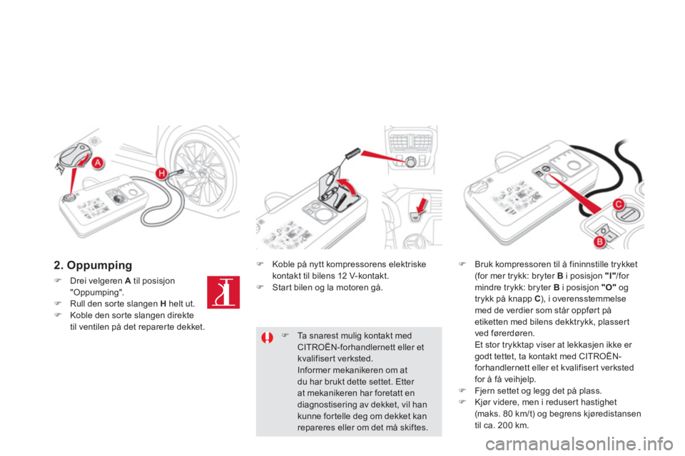 CITROEN DS5 2012  InstruksjonsbØker (in Norwegian) 2. Oppumping 
�)Drei velgeren A 
 til posisjon"Oppumping". �)Rull den sorte slangen  H 
 helt ut. �)Koble den sor te slangen direkte 
til ventilen på det reparerte dekket.
�)    Koble på nytt kompre