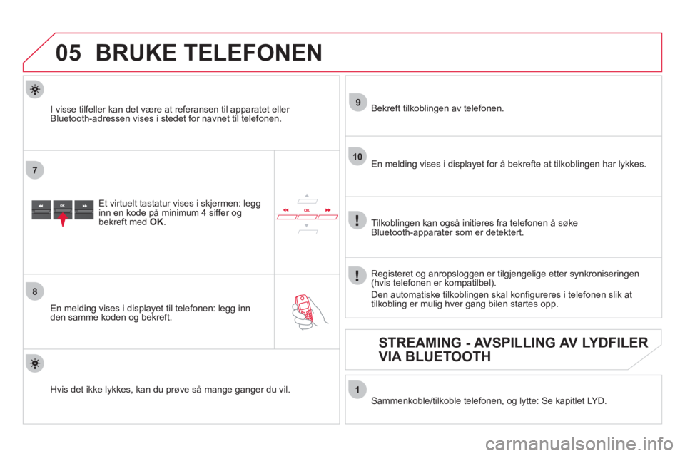CITROEN DS5 2012 InstruksjonsbØker (in Norwegian)
05
7
8
9
10
1
BRUKE TELEFONEN
Et virtuelt tastatur vises i skjermen: legg
inn en kode på minimum 4 siffer og bekreft med OK.
En meldin
g vises i displayet til telefonen: legg inn
den samme CITROEN DS5 2012 InstruksjonsbØker (in Norwegian)
05
7
8
9
10
1
BRUKE TELEFONEN
Et virtuelt tastatur vises i skjermen: legg
inn en kode på minimum 4 siffer og bekreft med OK.
En meldin
g vises i displayet til telefonen: legg inn
den samme