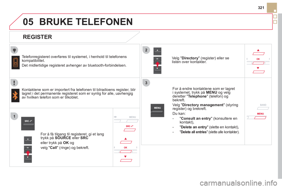 CITROEN DS5 2012  InstruksjonsbØker (in Norwegian)  
   
 
 
2
3
1
05
321
BRUKE TELEFONEN 
   
REGISTER 
 
 
Telefonregisteret overføres til systemet, i henhold til telefonens 
kompatibilitet. 
  Det midlertidi
ge registeret avhenger av bluetooth-for