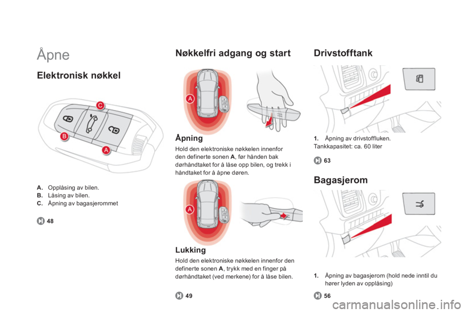 CITROEN DS5 2011 InstruksjonsbØker (in Norwegian) Åpne
1.
Åpning av drivstoffluken.
Tankkapasitet: ca. 60 liter
Drivstofftank
63
Åpning
Hold den elektroniske nøkkelen innenfor den definerte sonen A, før hånden bak
dørhåndt CITROEN DS5 2011 InstruksjonsbØker (in Norwegian) Åpne
1.
Åpning av drivstoffluken.
Tankkapasitet: ca. 60 liter
Drivstofftank
63
Åpning
Hold den elektroniske nøkkelen innenfor den definerte sonen A, før hånden bak
dørhåndt