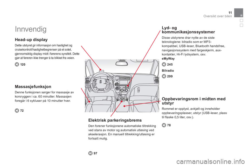 CITROEN DS5 2011 InstruksjonsbØker (in Norwegian) 11Oversikt over bilen
Innvendig
Head-up display
Dette utstyret gir informasjon om hastighet ogcruisekontroll/hastighetbegrenser på et sotet,gjennomsiktig display midt i førerens synsfelt. CITROEN DS5 2011 InstruksjonsbØker (in Norwegian) 11Oversikt over bilen
Innvendig
Head-up display
Dette utstyret gir informasjon om hastighet ogcruisekontroll/hastighetbegrenser på et sotet,gjennomsiktig display midt i førerens synsfelt.