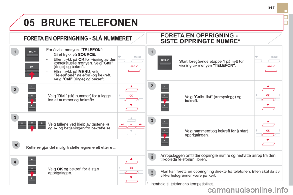 CITROEN DS5 2011 InstruksjonsbØker (in Norwegian)
1
2
1
4
2
33
05
317
BRUKE TELEFONEN
For å vise menyen. " TELEFON":
- Gi et trykk på SOURCE.- Eller, trykk på OKfor visning av den kontekstuelle menyen. Velg "Call"(ringe) og bekreft.
- E CITROEN DS5 2011 InstruksjonsbØker (in Norwegian)
1
2
1
4
2
33
05
317
BRUKE TELEFONEN
For å vise menyen. " TELEFON":
- Gi et trykk på SOURCE.- Eller, trykk på OKfor visning av den kontekstuelle menyen. Velg "Call"(ringe) og bekreft.
- E