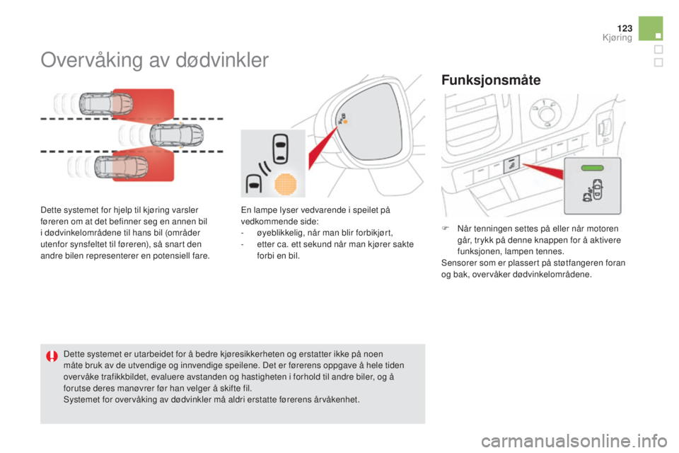 CITROEN DS5 HYBRID 2016 InstruksjonsbØker (in Norwegian) 123
DS5_no_Chap04_conduite_ed02-2015
Overvåking av dødvinkler
Dette systemet for hjelp til kjøring varsler
føreren om at det befinner seg en annen bil
i dødvinkelområdene til hans bil (område CITROEN DS5 HYBRID 2016 InstruksjonsbØker (in Norwegian) 123
DS5_no_Chap04_conduite_ed02-2015
Overvåking av dødvinkler
Dette systemet for hjelp til kjøring varsler
føreren om at det befinner seg en annen bil
i dødvinkelområdene til hans bil (område