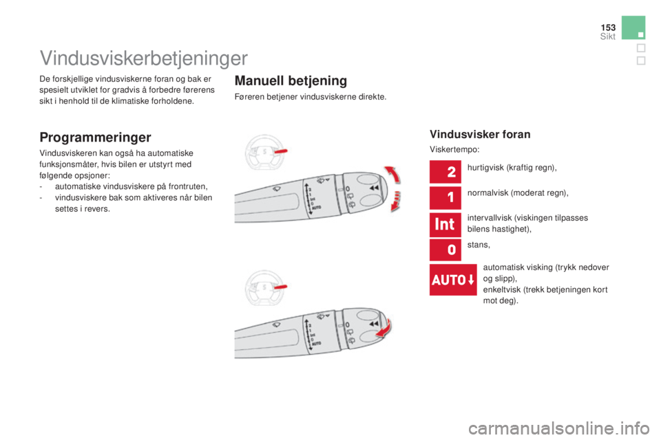 CITROEN DS5 HYBRID 2016 InstruksjonsbØker (in Norwegian) 153
DS5_no_Chap05_visibilite_ed02-2015
Vindusviskerbetjeninger
Programmeringer
Vindusviskeren kan også ha automatiske
funksjonsmåter, hvis bilen er utstyrt med
følgende opsjoner:
-
a
utomatiske CITROEN DS5 HYBRID 2016 InstruksjonsbØker (in Norwegian) 153
DS5_no_Chap05_visibilite_ed02-2015
Vindusviskerbetjeninger
Programmeringer
Vindusviskeren kan også ha automatiske
funksjonsmåter, hvis bilen er utstyrt med
følgende opsjoner:
-
a
utomatiske