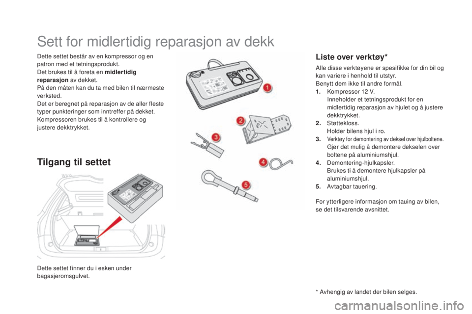 CITROEN DS5 HYBRID 2016 InstruksjonsbØker (in Norwegian) DS5_no_Chap08_info-pratiques_ed02-2015
Dette settet finner du i esken under
bagasjeromsgulvet. Dette settet består av en kompressor og en
patron med et tetningsprodukt.
Det brukes til å foreta en CITROEN DS5 HYBRID 2016 InstruksjonsbØker (in Norwegian) DS5_no_Chap08_info-pratiques_ed02-2015
Dette settet finner du i esken under
bagasjeromsgulvet. Dette settet består av en kompressor og en
patron med et tetningsprodukt.
Det brukes til å foreta en