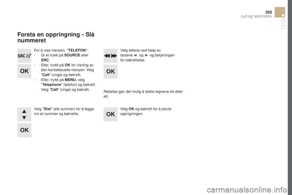 CITROEN DS5 HYBRID 2016  InstruksjonsbØker (in Norwegian) 295
DS5_no_Chap11d_RD5_ed02-2015
For å vise menyen. "TeLeFOn":
-  G i et trykk på SOu r Ce e ller 
S
r

C.
-
 
E
 ller, trykk på OK  for visning av 
den kontekstuelle menyen. Velg 
" Ca