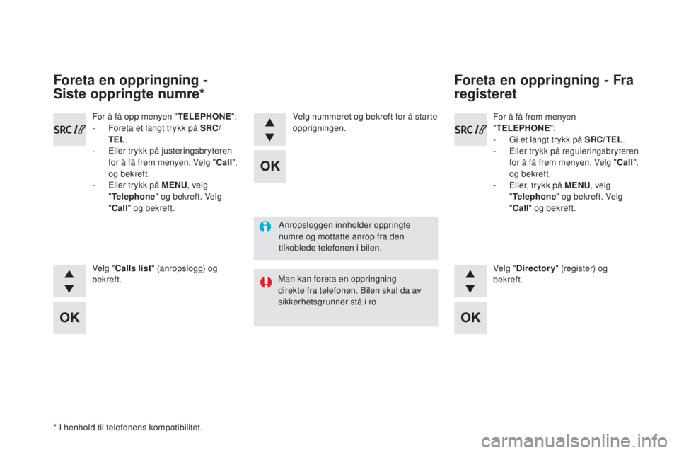 CITROEN DS5 HYBRID 2016  InstruksjonsbØker (in Norwegian) DS5_no_Chap11d_RD5_ed02-2015
Anropsloggen innholder oppringte 
numre og mottatte anrop fra den 
tilkoblede telefonen i bilen.
Man kan foreta en oppringning 
direkte fra telefonen. Bilen skal da av 
si