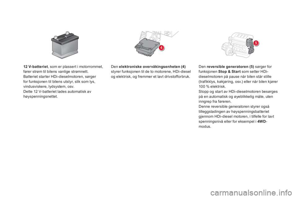 CITROEN DS5 HYBRID 2016  InstruksjonsbØker (in Norwegian)    
Den  elektroniske over vå 
 
kingsenheten 
  (4) 
 
styrer funksjonen til de to motorene, HDi-diesel 
og elektrisk, og fremmer et lavt drivstofforbruk.     
Den  reversible generatoren (5) 
 sør