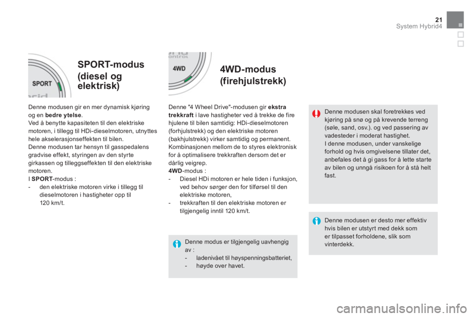 CITROEN DS5 HYBRID 2016  InstruksjonsbØker (in Norwegian) 21System Hybrid4
   
Denne modusen er desto mer effektiv 
hvis bilen er utstyrt med dekk som 
er tilpasset forholdene, slik som 
vinterdekk.  
 
 
 
SPORT-modus  
(diesel og 
elektrisk)    
4WD-modus 