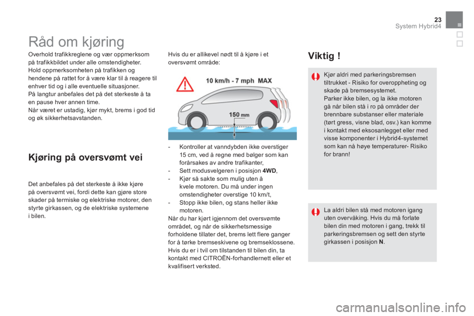 CITROEN DS5 HYBRID 2016  InstruksjonsbØker (in Norwegian) 23System Hybrid4
   
 
 
 
 
 
 
 
 
 
 
 
 
 
Råd om kjøring  
 
 
Overhold trafikkreglene og vær oppmerksom 
på trafikkbildet under alle omstendigheter. 
  Hold oppmerksomheten på trafikken og 