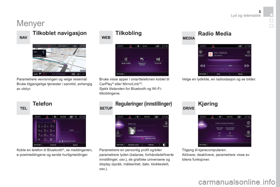 CITROEN DS5 HYBRID 2016  InstruksjonsbØker (in Norwegian) 5 Lyd og telematikk 
 Menyer 
      Reguleringer   (innstillinger)  
  Radio  Media       Tilkoblet  navigasjon 
  Kjøring 
  Tilkobling 
  Telefon 
  Parametrere en personlig profil og/eller paramet