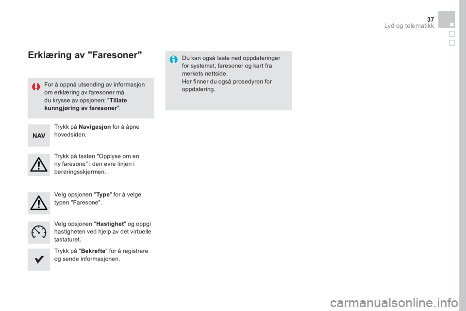 CITROEN DS5 HYBRID 2016  InstruksjonsbØker (in Norwegian) 37 Lyd og telematikk 
  For å oppnå utsending av informasjon om erklæring av faresoner må du krysse av opsjonen: " Tillate kunngjøring av faresoner ".  
   Du kan også laste ned oppdateringer fo