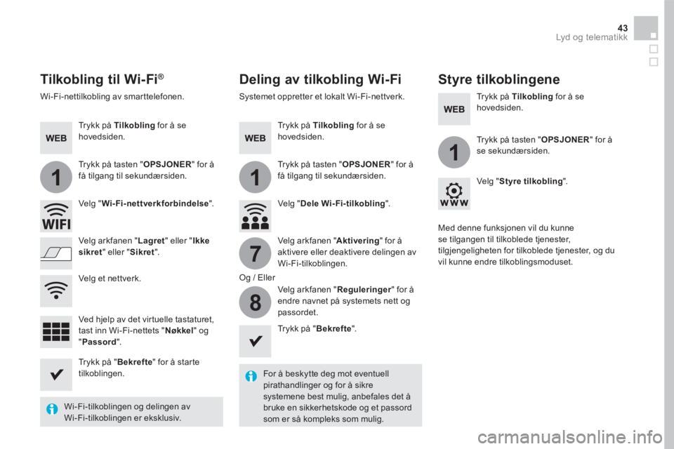 CITROEN DS5 HYBRID 2016  InstruksjonsbØker (in Norwegian) 11
1
7
8
43 Lyd og telematikk 
      Tilkobling  til  Wi-Fi ®      Tilkobling  til  Wi-Fi ®      Tilkobling  til  Wi-Fi   Deling av tilkobling Wi-Fi   Styre  tilkoblingene 
  For å beskytte deg mot