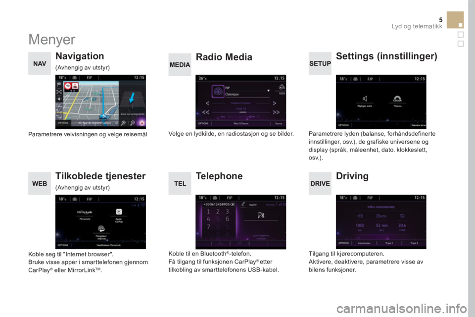 CITROEN DS5 HYBRID 2016  InstruksjonsbØker (in Norwegian) 5  Lyd og telematikk 
 
Menyer 
 
 
 
 
 
 
 
 
Settings  (innstillinger)  
   
Radio Media     
 
 
 
 
 
 
Navigation 
   
Driving   
 
 
 
Tilkoblede tjenester  
   
Te l e p h o n e  
 
 
Parametr
