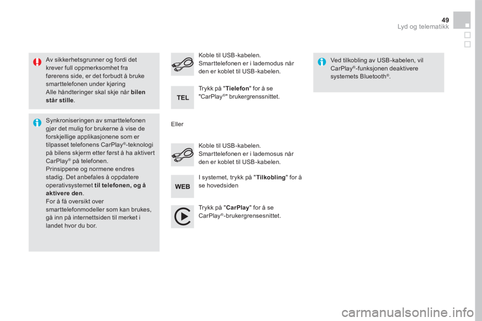 CITROEN DS5 HYBRID 2016  InstruksjonsbØker (in Norwegian) 49 Lyd og telematikk 
  Av sikkerhetsgrunner og fordi det krever full oppmerksomhet fra førerens side, er det forbudt å bruke smarttelefonen under kjøring  Alle håndteringer skal skje når  bilen  CITROEN DS5 HYBRID 2016  InstruksjonsbØker (in Norwegian) 49 Lyd og telematikk 
  Av sikkerhetsgrunner og fordi det krever full oppmerksomhet fra førerens side, er det forbudt å bruke smarttelefonen under kjøring  Alle håndteringer skal skje når  bilen