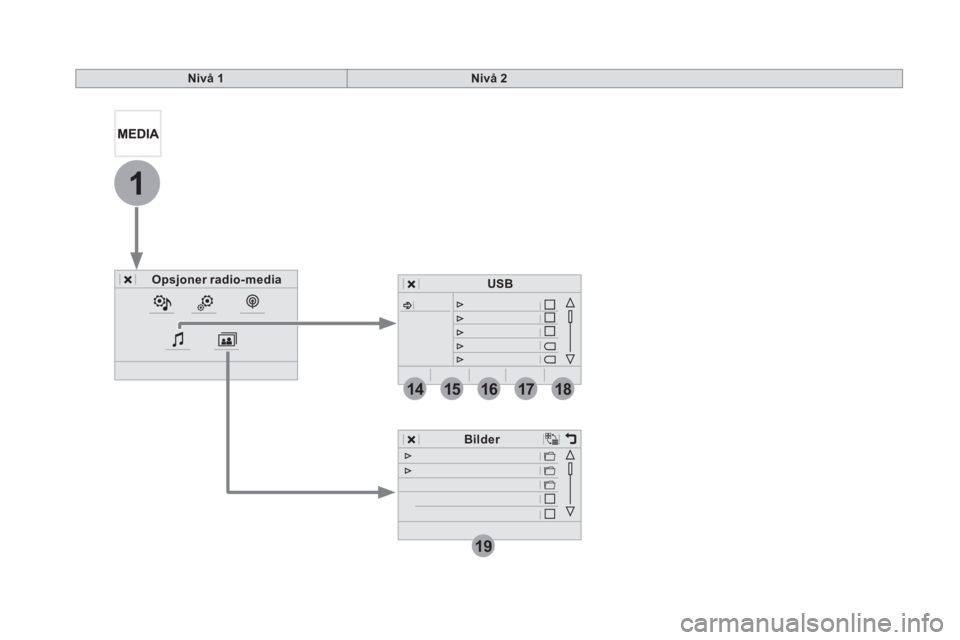 CITROEN DS5 HYBRID 2016  InstruksjonsbØker (in Norwegian) 19
1
1516171814
Nivå 1Nivå 2
Opsjoner radio-media
Bilder
USB 