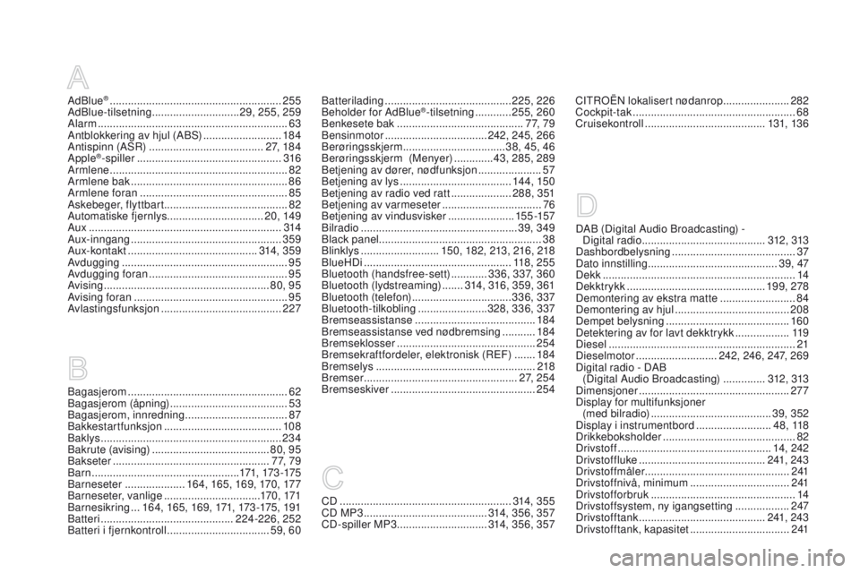 CITROEN DS5 HYBRID 2015  InstruksjonsbØker (in Norwegian) DS5_no_Chap12_index-recherche_ed01-2015
AdBlue® .........................................................25 5
AdBlue-tilsetning  ............................. 29, 255, 259
Alarm
 

..................