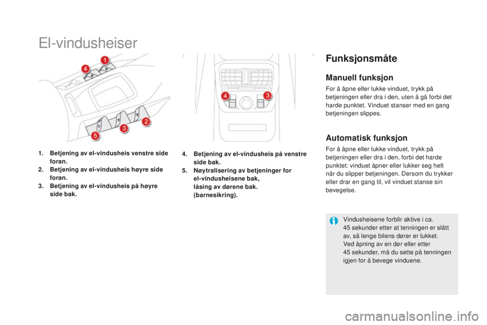 CITROEN DS5 HYBRID 2015  InstruksjonsbØker (in Norwegian) DS5_no_Chap02_ouvertures_ed01-2015
El-vindusheiser
1. Betjening av el-vindusheis venstre side foran.
2.
 B

etjening av el-vindusheis høyre side 
foran.
3.
 B

etjening av el-vindusheis på høyre 
s