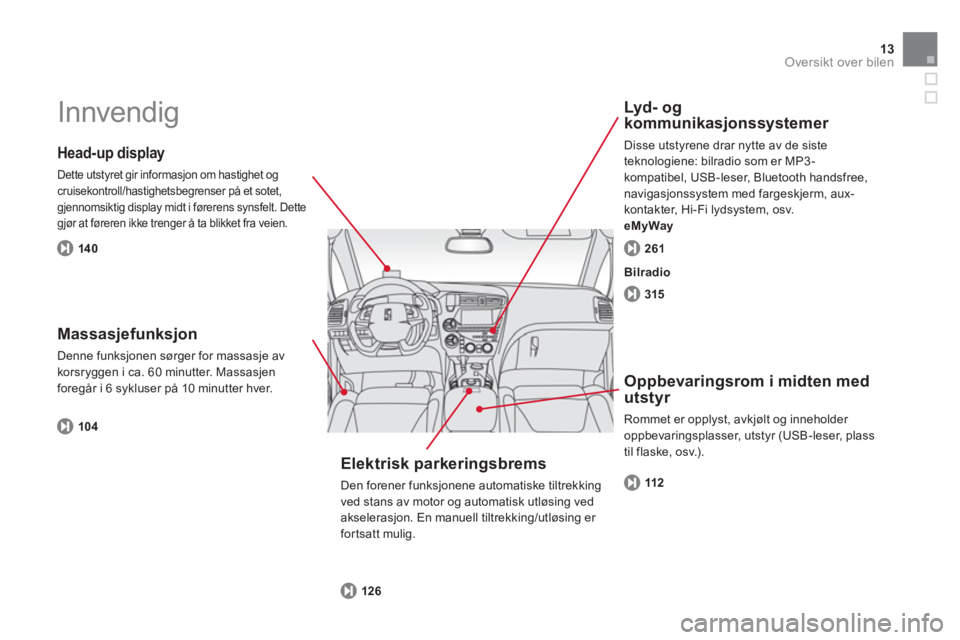 CITROEN DS5 HYBRID 2013  InstruksjonsbØker (in Norwegian) 13Oversikt over bilen
  Innvendig  
 
 
Head-up display
 
Dette utstyret gir informasjon om hastighet ogcruisekontroll/hastighetsbegrenser på et sotet, gjennomsiktig display midt i førerens synsfelt