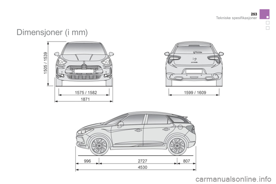 CITROEN DS5 HYBRID 2013  InstruksjonsbØker (in Norwegian) Tekniske spesifikasjoner
   
 
 
 
 
Dimensjoner (i mm)  