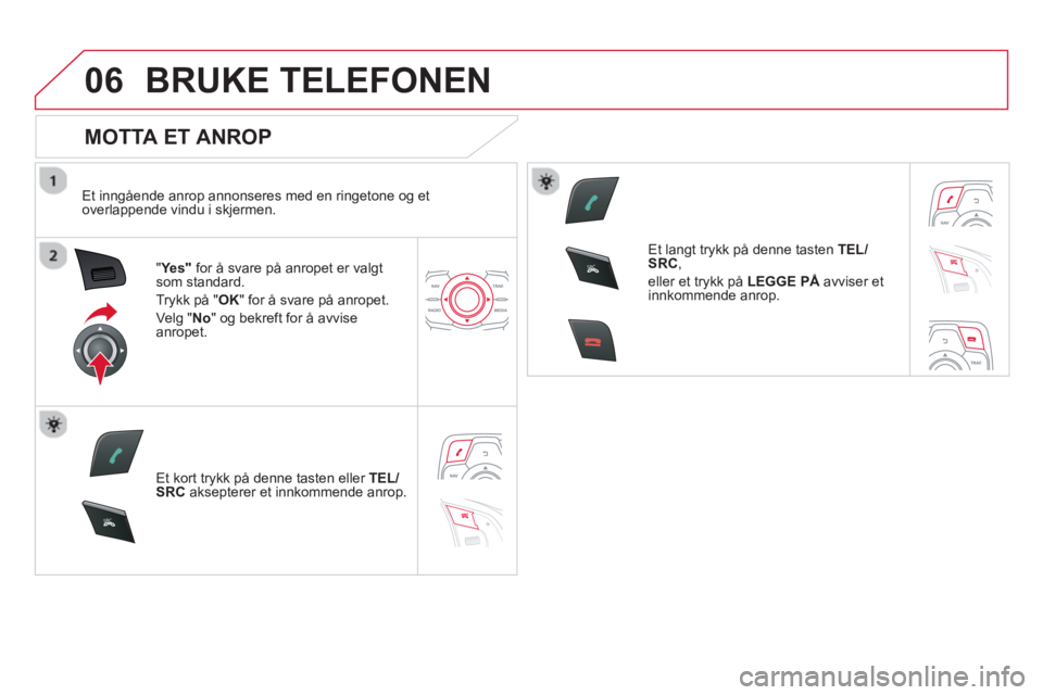 CITROEN DS5 HYBRID 2013 InstruksjonsbØker (in Norwegian) 06
SR
C
SR
C
BRUKE TELEFONEN
MOTTA ET ANROP
Et inngående anrop annonseres med en ringetone og et
overlappende vindu i skjermen.
"Yes" for å svare på anropet er valgt som standard.
Tr
yk CITROEN DS5 HYBRID 2013 InstruksjonsbØker (in Norwegian) 06
SR
C
SR
C
BRUKE TELEFONEN
MOTTA ET ANROP
Et inngående anrop annonseres med en ringetone og et
overlappende vindu i skjermen.
"Yes" for å svare på anropet er valgt som standard.
Tr
yk