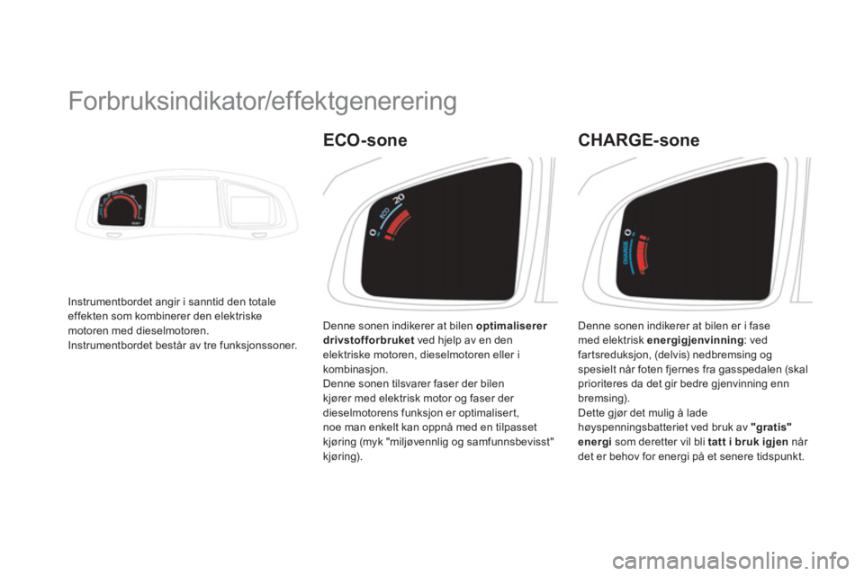 CITROEN DS5 HYBRID 2013 InstruksjonsbØker (in Norwegian)
Forbruksindikator/effektgenerering
Instrumentbordet angir i sanntid den totale effekten som kombinerer den elektriskemotoren med dieselmotoren.
Instrumentbordet består av tre funks CITROEN DS5 HYBRID 2013 InstruksjonsbØker (in Norwegian)
Forbruksindikator/effektgenerering
Instrumentbordet angir i sanntid den totale effekten som kombinerer den elektriskemotoren med dieselmotoren.
Instrumentbordet består av tre funks