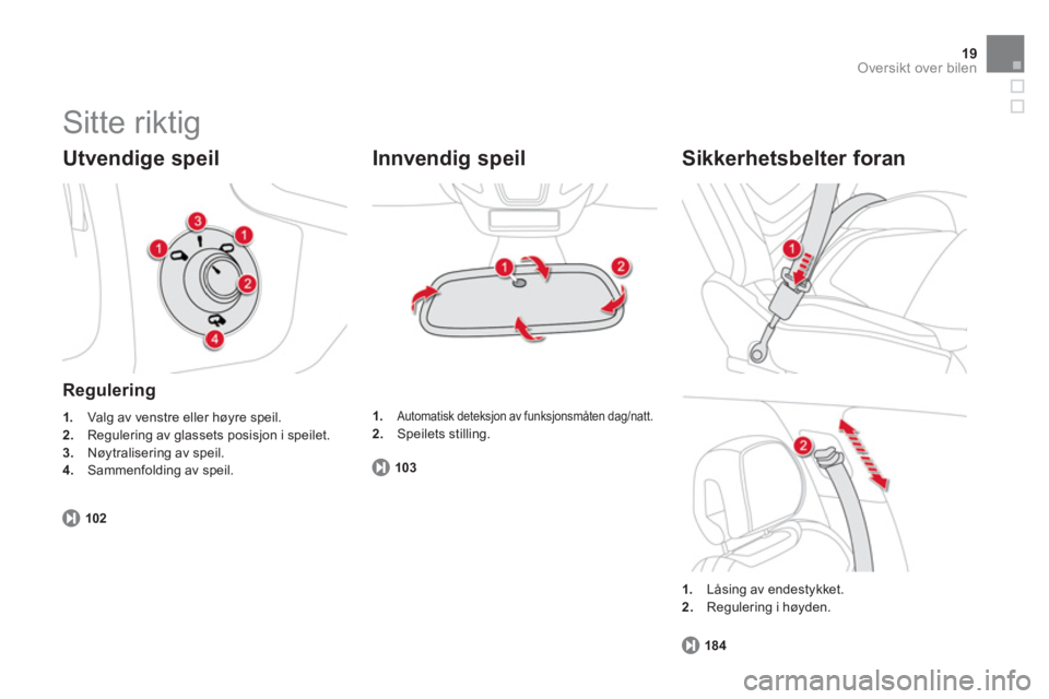 CITROEN DS5 HYBRID 2012  InstruksjonsbØker (in Norwegian) 19Oversikt over bilen
  Sitte riktig 
 
 
Utvendige speil 
 
 Regulering 
1. 
 Valg av venstre eller høyre speil.2.Regulering av glassets posisjon i speilet. 3.Nøytralisering av speil.
4. 
 Sammenfo