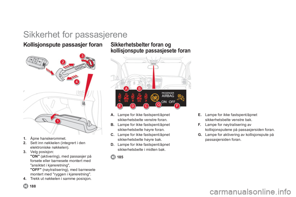 CITROEN DS5 HYBRID 2012  InstruksjonsbØker (in Norwegian)   Sikkerhet for passasjerene 
1. 
 Åpne hanskerommet.2. 
  Sett inn nøkkelen (integrer t i den
elektroniske nøkkelen). 3.Velg posisjon:
 "ON" 
 (aktivering), med passasjer på
forsete eller barnese